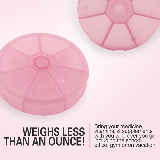 Portable Weekly Pill Organizer (Pack of 2) 7 Day Container,Round Case Travel Friendly,Daily Week Pill Reminder,Vitamin,Supplement,Fish Oil,Medication Planner (Pink)