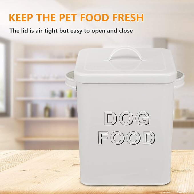 Pethiy airtight Dog Treat container bin and DOG Food Storage Tin with Lid With Handle |4-5 lbs Capacity | Serving Scoop Included -White