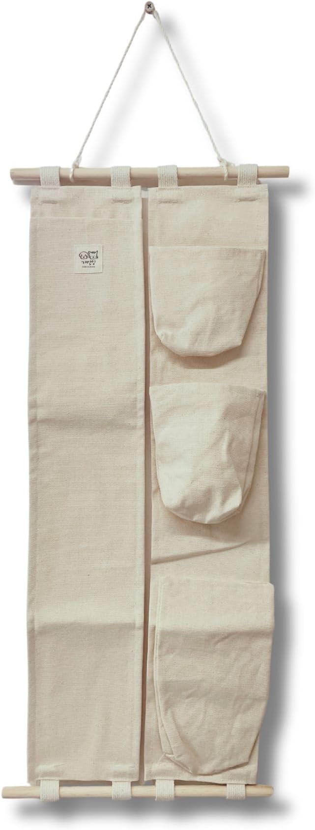 MOM N POP Hanging Cat Toy Organizer, Wall-Mounted Cat Toy Storage for Wand & Teaser Toys, Handmade Organic Cotton Toy Holder with Pockets