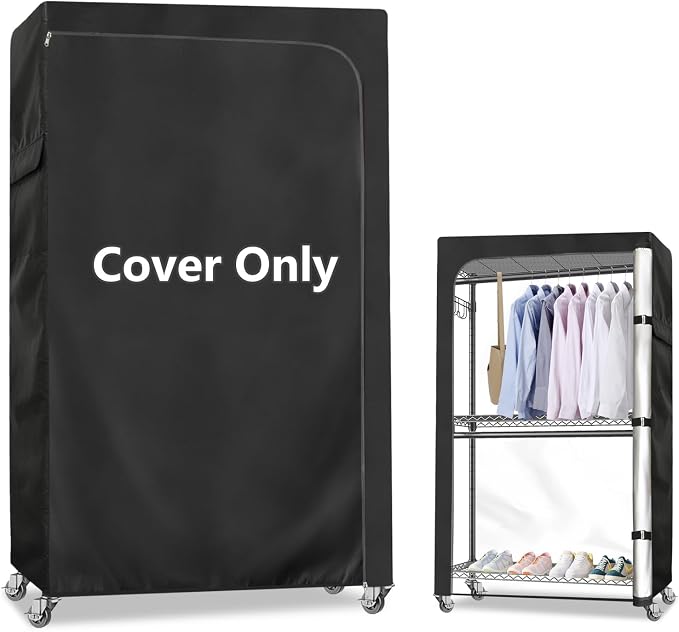 Rileytee Garment Rack Cover,600D Heavy Duty Waterproof Clothing Rack Cover,Clothes Rack Cover with Zipper for Metal Garment Rack(Black,46"W x 18"D x 80"H,Cover Only）