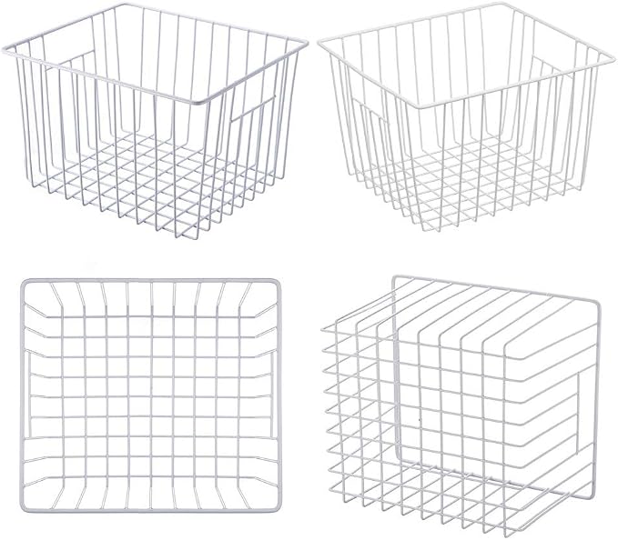 Freezer Wire Baskets, Kitchen Storage Organizer Bins for Chest and Upright Freezer, Refrigerator Dividers Containers with Handles - Pearl White (4)