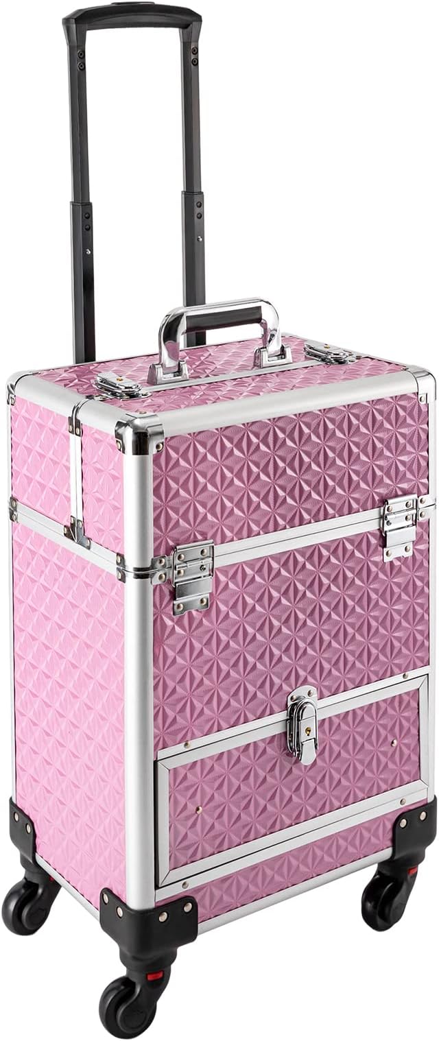Makeup Rolling Case, Professional Rolling Nail Case Wheeled Manicure Storage Case Polish Organizer w/ Universal Wheels, Portable Adjustable Studio Travel Cart for Nail Technicians Hairstylist (Pink)