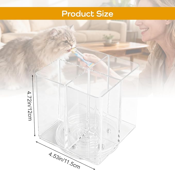 Lickable Cat Treats Organizer, Lazy Susan Acrylic Squeeze Up Cat Treats Storage Organizer with 4 Compartments, Wet Cat Food Storage Container for Kitchen Cabinet Pantry Shelf Countertop（Square）