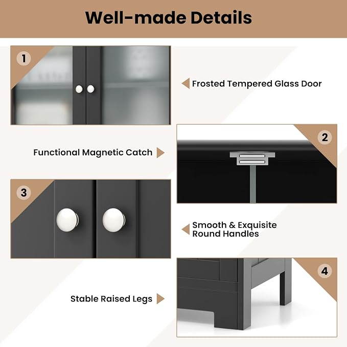 LOKO Bathroom Floor Cabinet, Storage Organizer with Glass Doors, Wooden Kitchen Cupboard with Adjustable Shelf for Living Room (Floor Cabinet with 2 Additional Drawers, Black)
