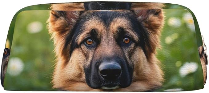PU Leather Pencil Case Cosmetic Pencil Bags Makeup Pouch with Zipper | Cute Pet German Shepherd Dog Pen Pouch Portable Cosmetic Organizer Bag For Office Woman Man