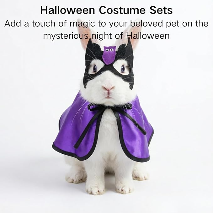 2PCS Halloween Costume Set for Pet Rabbits, Satin Wizard Cape, Adjustable Bat Mask, Holiday Costumes for Small Pets, Photo Prop Set (Small)