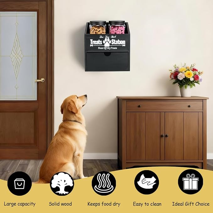 Pet Food Storage Container with Drawer, Wooden Dog Treat Container | Black Pet Food Storage with 2 Plastic Dog Treat Jars for Dog and Cat,Wood Cat Treat Container, Dual Desk & Wall Mount Design