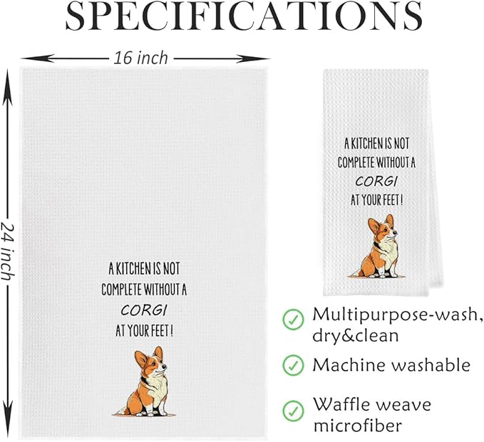 Funny Corgi Dish Towels - Corgi Decorative Waffle Weave Kitchen Towels, Corgi Hand Towel, Corgi Tea Towel, Corgi Gifts, Corgi Gifts for Corgi Lovers (16×24 Inches)