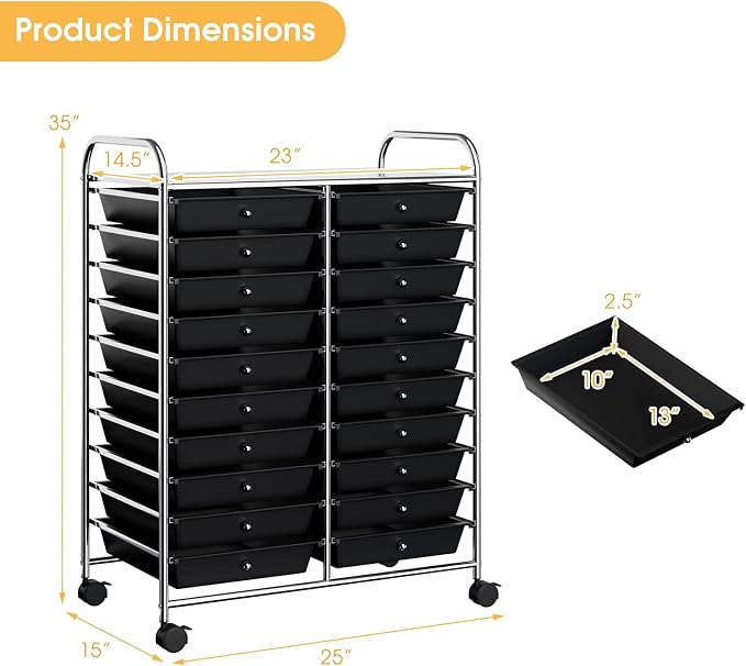 20 Drawer Rolling Storage Cart, Art Cart Organizer with Wheels for Makeup, Tool, Paper, Multipurpose Craft Storage Cart with Drawers for Office, Home, Classroom, Teacher, School (Black)