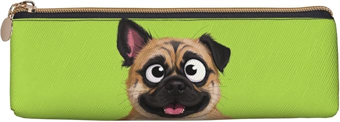 Leather Pen Case with Zipper - Aesthetic Pen Holder Dog funny face animal Pencil Case for Women & Men - Handcrafted Pencil Bag Multi-Functional Travel Cosmetic Case for Work Office Tool Pouch