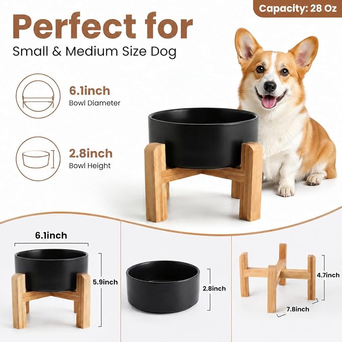 hjn Elevated Ceramic Dog Bowl with Bamboo Stand, Raised Pet Feeding Station for Small Medium Dogs Cats, Modern Design with Anti-Slip Base (Black, 3.6Cup)