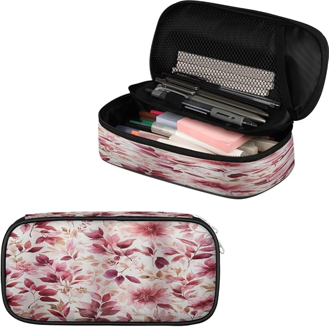 Pencil Case Large Capacity Pencil Bag Watercolor Pink Red Leaf Flower Pouch Box Organizer Pen Case, School Supplies for Teen Adult