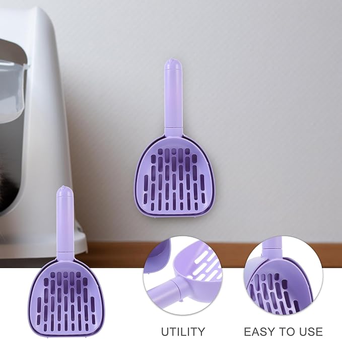 Cat Litter Scoop with Holder, Plastic Litter Cleaning Shovel for Poop, Multi-Functional Wall-Mounted Pet Waste Scooper with Base, Purple for Household Cat and Dog Use