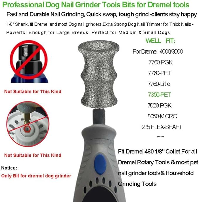 2-Pack Diamond Dog Nail Grinder Bits Attachment for Dremel - 1/8'' 80 Grit Refills Tip & Replacement Heads for dremel 7760 & 7350, Fits Small, Medium, Large Dogs & Cats, Grooming Thick Nails on Pets