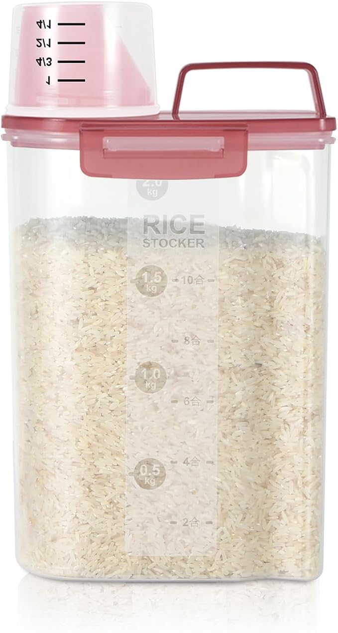 LEAWALK Airtight 4LBS Rice/Cereal/Dry Food Storage Container BPA Free, 2.11Qt Clear Plastic Kitchen and Pantry Organization Bin Suitable for Oats, Flour, Sugar, Pasta, Pet Food, etc (Clear Pink)