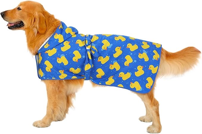 HDE Dog Bathrobe Super Absorbent Quick Drying Puppy Towel Wrap Coat Adjustable After Bath Robes with Hood for Dog Sizes S-XXL Blue Rubber Ducks L