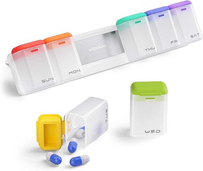KOVIUU Weekly Pill Organizer, Magnetic Medicine Vitamin Case 1 Time a Day | Week Once Daily Supplement Box, Removable Medication Container Holder for Fridge, 7 Day Large Travel Pill Dispenser, White