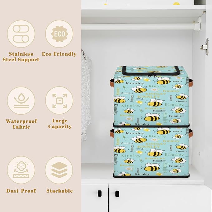 Personalized Red Storage Bins with Zipper Lid, Customized Name Storage Basket Rectangle Clothes Organizer for Kids Pets Toys Shelf Closet, Cartoon Bee with Daisy Floral Light Turquoise