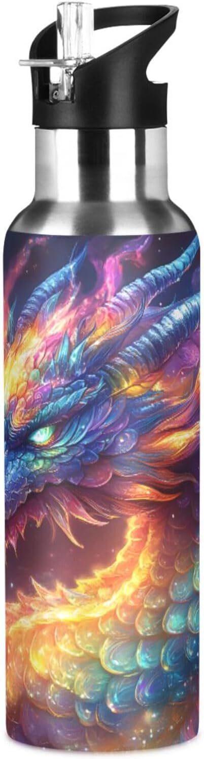 Colorful Rainbow Dragon Water Bottle with Straw Lid Kids Insulated Stainless Steel Water Flask Sports, 20 Oz Hot Cold