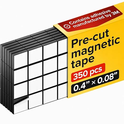 Pre-Cut Adhesive Magnetic Tape Squares, 0.4"x0.08" (10x2mm), 350 pcs | Sticky Magnetic Tape Squares, Flexible, Easy to Use, No Cutting Needed, For Whiteboard, Fridge, Crafts & School