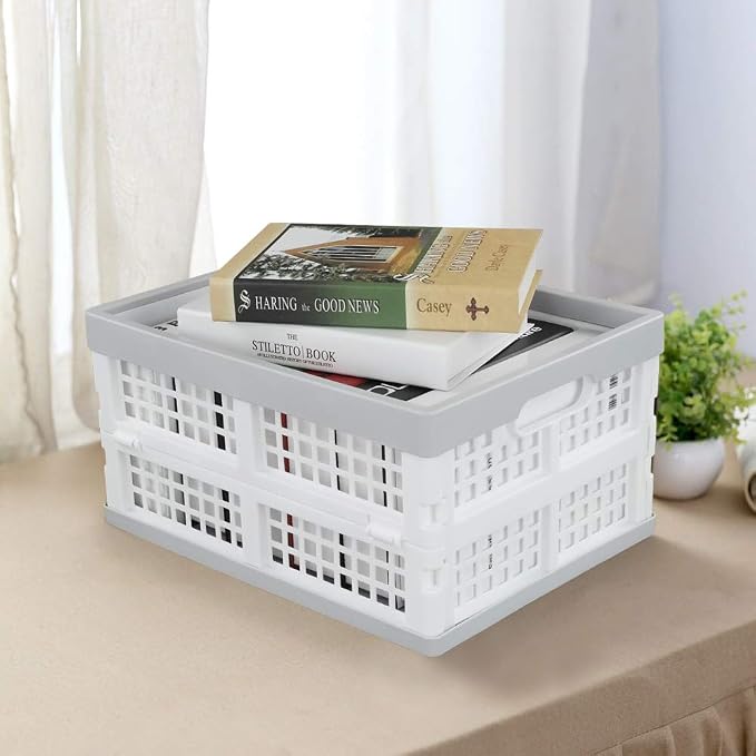 Vababa 3-Pack Plastic Stackable Collapsible Storage Crate, 15 L | Stacking Folding Storage Basket, Collapsible Design, Stable Stackable Structure, for Household & Pantry Organizers