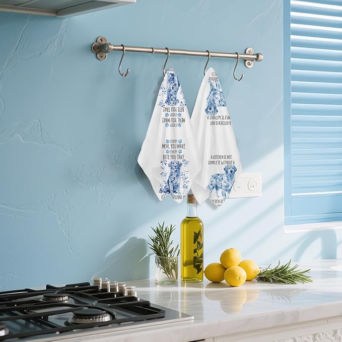 2 Pcs Chinoiserie Golden Retriever Kitchen Towels 24x14 Inch, Golden Retriever Gifts Reusable Dish Towels for Kitchen Decor, Blue and White Floral Waffle Weave Hand Towel, Dog Gifts for Women Mom