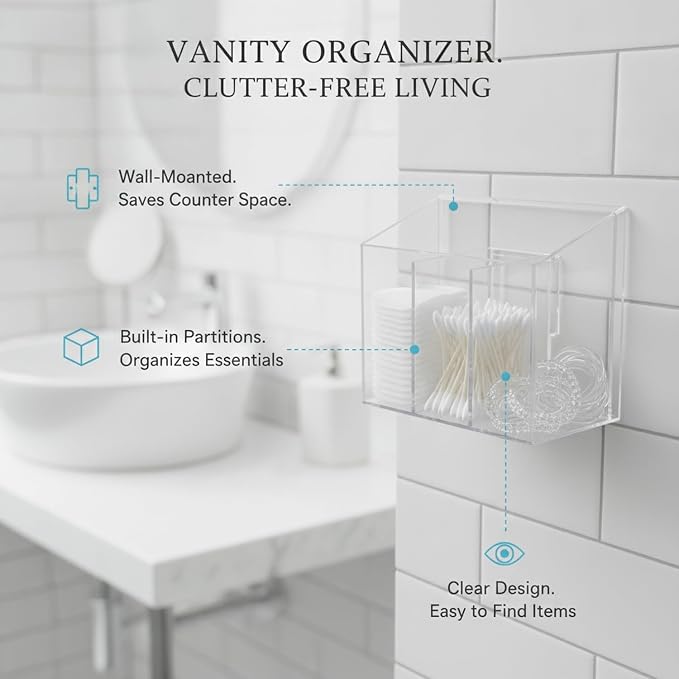 Clear Rectangular Wall-Mounted Organizer with Dividers, Transparent PET Bathroom Canister for Cotton Pads and Cotton Swabs, Space-Saving Vanity Storage Box (1 Pack)