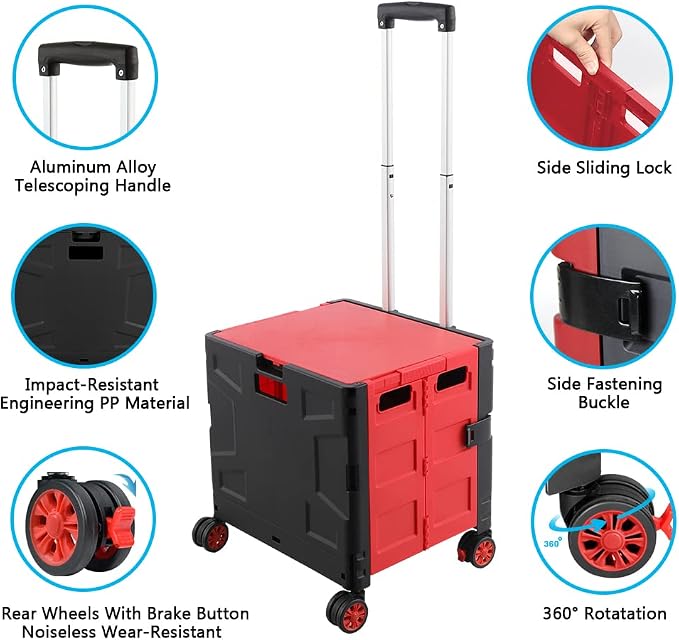 Foldable Shopping Utility Cart Portable Rolling Crate Handcart with 360°Rotate Wheel,Hidden Lid,Telescoping Handle Collapsible for Travel Shopping Moving Storage Office Use(Black/Red)