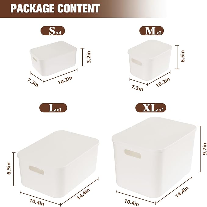 ANMINY White Plastic Storage Bins Baskets with Lids, 8-Pack, 1XL+1L+2M+4S | Large Plastic Bins, Sturdy PET, with Handles, Stackable, Opaque Storage Boxes, for Closet Shelves Desk, White Lids