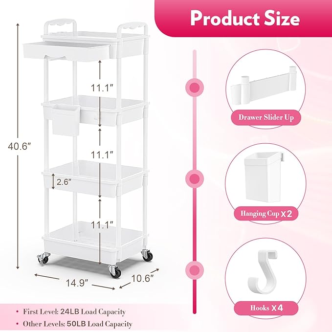 SUNALLY Makeup Cart Organizer with Drawer,4 Tier Rolling Makeup Cart, White | Rolling Vanity Storage for Skin Care Perfume Nail Polish, Floor Skincare Organizers Cosmetics Display Bathroom Storage Cart