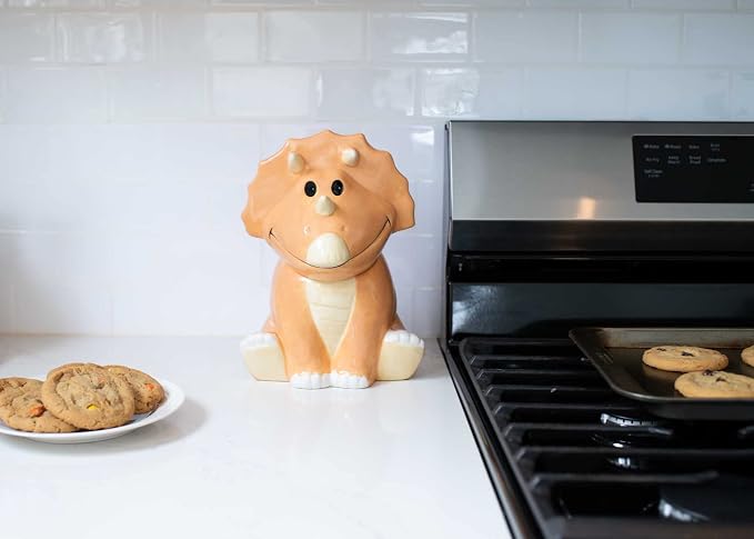 Dolomite Ceramic 9.9 x 9.6 Everyday Cookie & Candy Jar with Airtight Lid: Perfect for Kitchen Canisters, Pet Treat Containers & Decorative Storage, Tan Triceratops Dinosaur