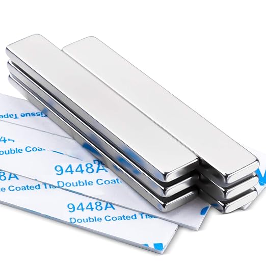 Neodymium Magnets with Adhesive Backing 4Pcs 60x10x3mm Silver | Fridge Magnetic Strips Refrigerator Blocks Crafts Extra Super Sticky Bar for Science Experiments Classroom Craft Office