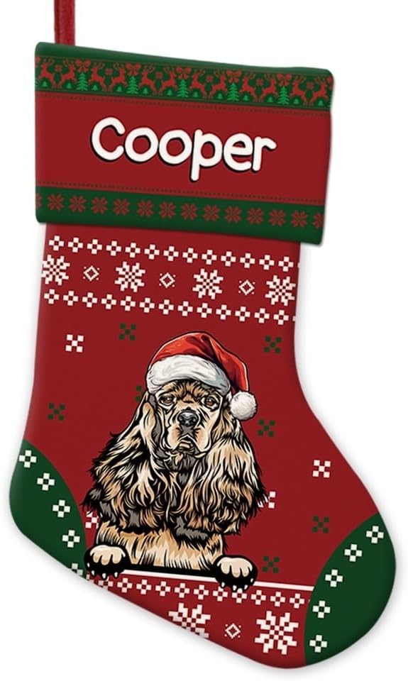 Personalized Christmas Stocking Cute Cocker Spaniel Dog Red Christmas Snowflake Xmas Holiday Stocking Fireplace Home Decor 14"