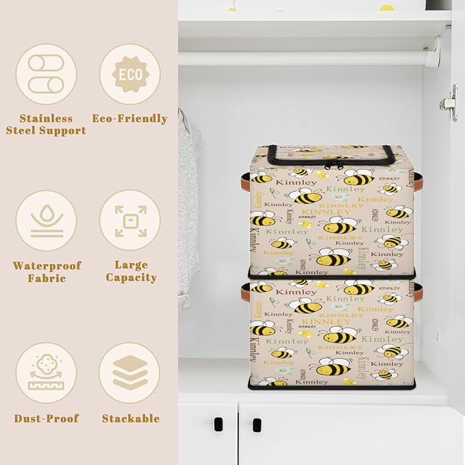 Personalized Beige Storage Basket with Name, Rectangle Toys Storage Bin with Handles Zipper Lid for Girls, Collapsible Basket for Clothes, Books, Cartoon Bee with Daisy Floral Beige