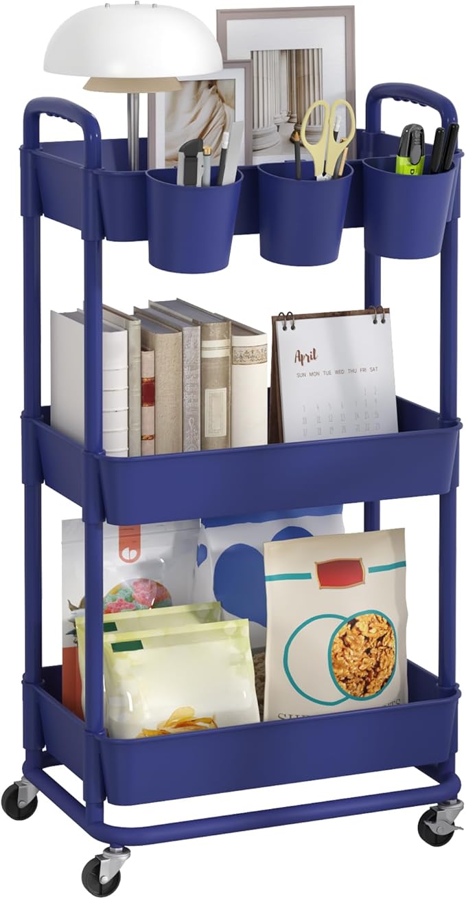 3-Tier Plastic Rolling Storage Cart Utility Cart Blue | Utility Cart with Extra Hanging Cups Arc-Shaped Handles Lockable Wheels for Living Room Bathroom Kitchen Office