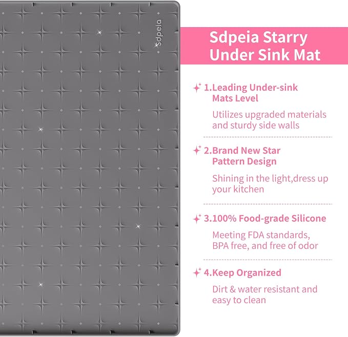Sdpeia Under Sink Mat 34"×22" Waterproof Silicone Cabinet Liner & Sink Protector for Kitchen & Bathroom, Multi-Purpose Organizers Tray for Pets, Laundry, Cat Litter Mat, Gray