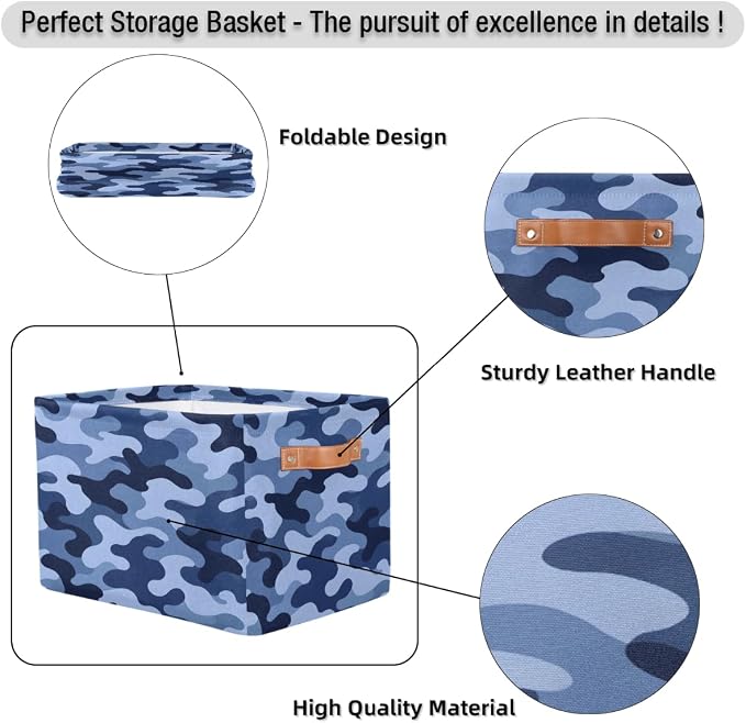 Pardick Camo Basket Storage Bins Rectangle Canvas Basket Cube Storage Box | Nursery Foldable Basket with Handle for Kids Girls Boys Toys Living Room Closet Organizer Shelf Gifts Camouflage Blue