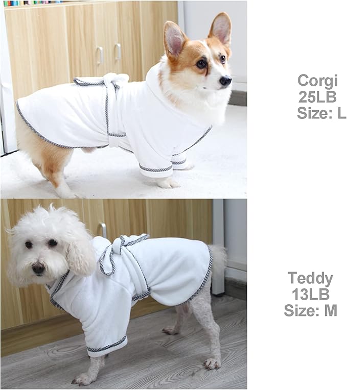 Dog Bathrobe, Microfiber Fast Drying Absorbent Hooded Bath Towel White for Puppy Small Medium Large Dog Cat (S, White)