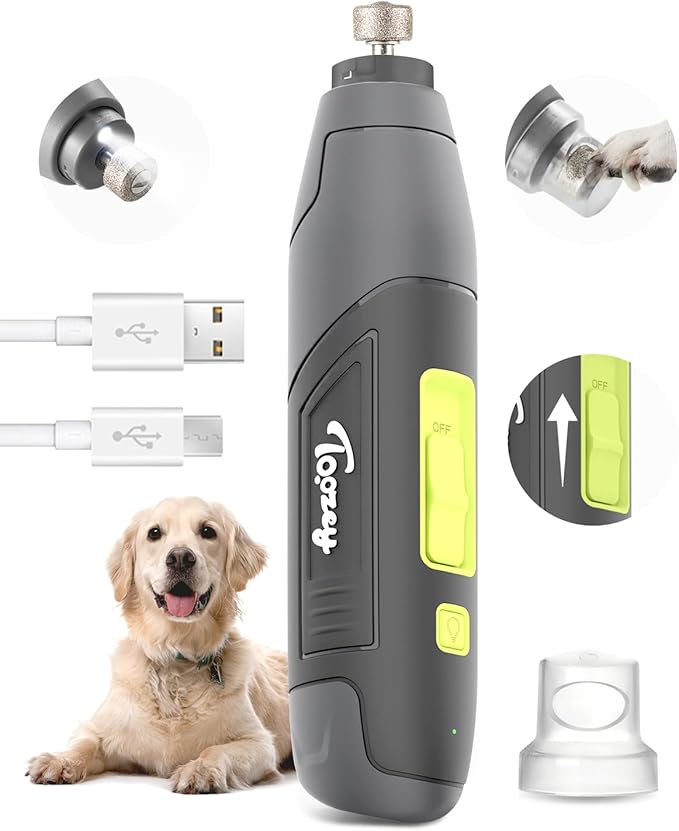 Toozey Dog Nail Grinder with LED Light & 3 Speeds — Quiet Rechargeable Electric Pet Nail Trimmer for Small, Medium, Large Dogs and Cats, USB-C Charging
