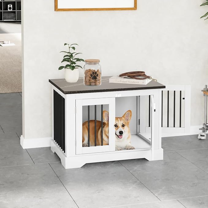 30" Wooden Dog Crate Furniture,Small Kennel Pet Cage End Table for Indoor | for Medium S XS Dogs, White and Black, Fits Living Room Bedroom, Heavy Duty Steel Frame with Lock 25 lbs Cap, 100 lbs Top.