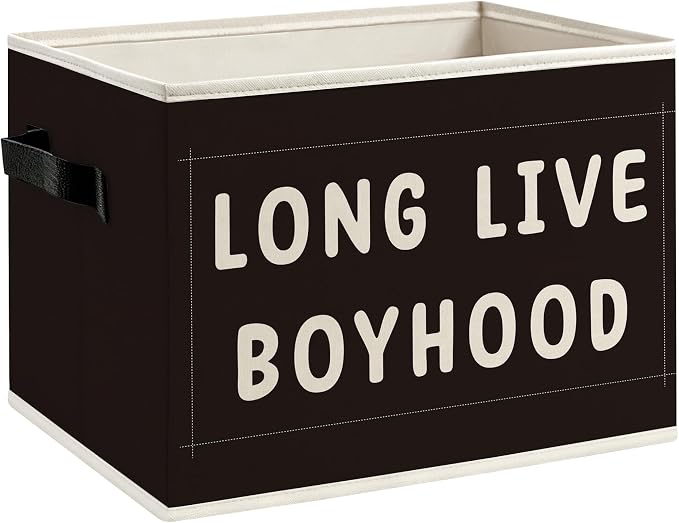 Boy Nursery Foldable Storage Bins Box with Handles, Black Minimalist Long Live Boyhood Decorative Storage Boxes Baskets Toybox Organizer for Kids Boy Nursery Toddler Room Bedroom Playroom