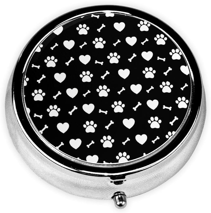 Love Heart Dog Paw Print Portable Pill Organizer | 3 Compartment, With Mirror, For Men Women, For Daily Supplements, Vitamins, Fish Oil, Jewelry, Candy, Travel