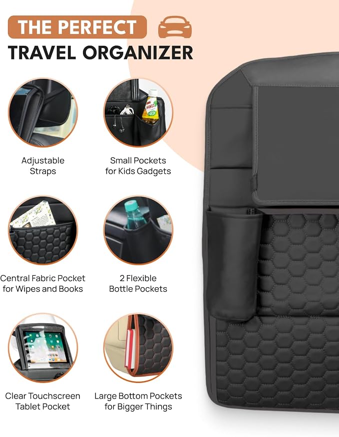 Owleys Back Seat Organizer for Kids with Seat Protector, Black Set | Hanging faux leather organizer, 8 pockets and a clear tablet pocket, with a kick mat that shields the seat back.