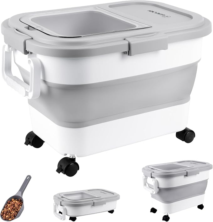 Dog Food Storage Container 15-25lbs, Airtight Pet Food Bin with Locking Lid & Clear Window, Collapsible Rolling Storage Container with Wheels & Scoop, Gray