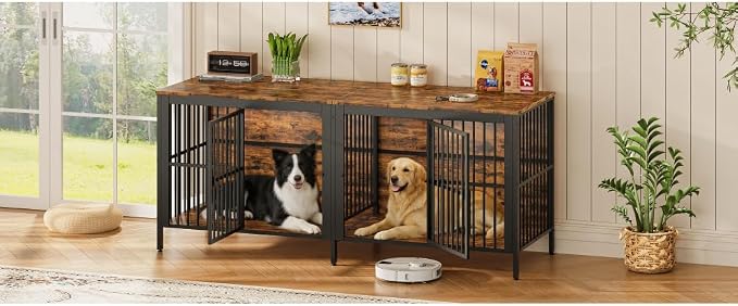 80" Dog Crate End Table, Heavy Duty 2-Door Indoor Pet Kennel, Rustic Brown, MDF and Iron, TV Stand or Side Table for Living Room