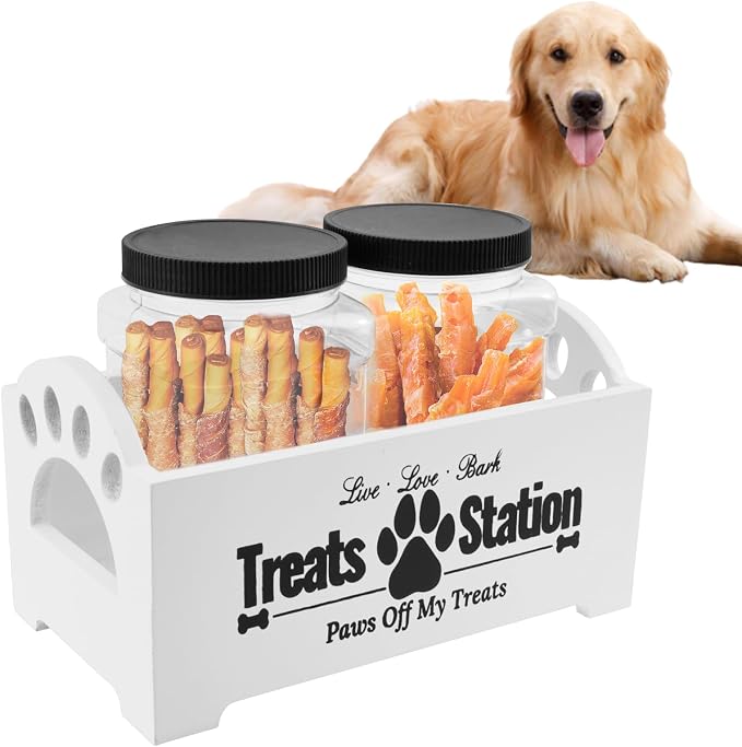 Dog Treat Container With 2 Plastic Jars, Farmhouse Pet Food Storage Organizer for Dogs and Cats (White)