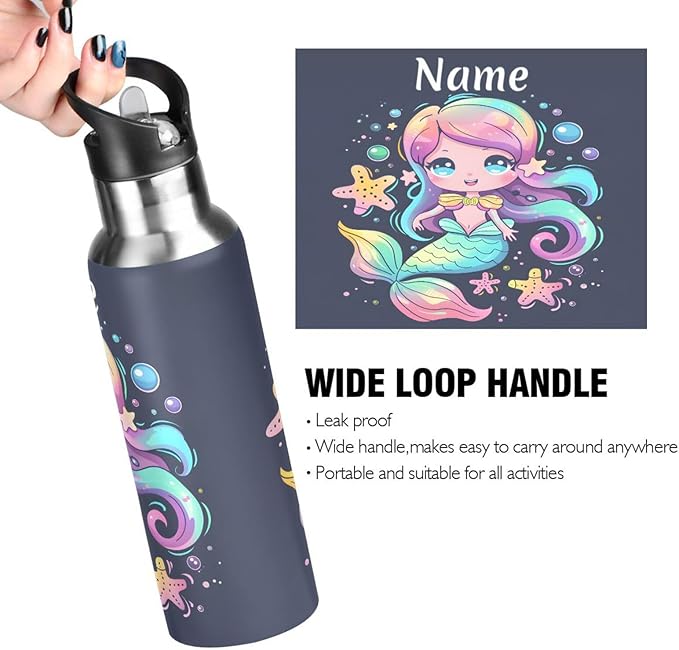 Custom Name Cute Mermaid Water Bottle with Straw Lid Kids Insulated Stainless Steel Water Flask Sports, 20 Oz Hot Cold