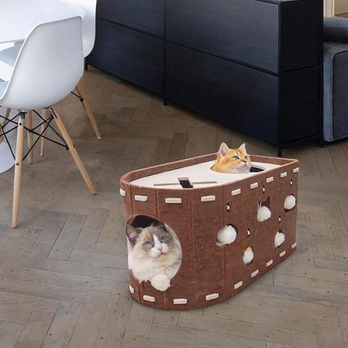 Cat House Scratch Condo Pet Toys Meal Claws Scratches with an Interactive Hole Felting Bed for Several Cats, Brown