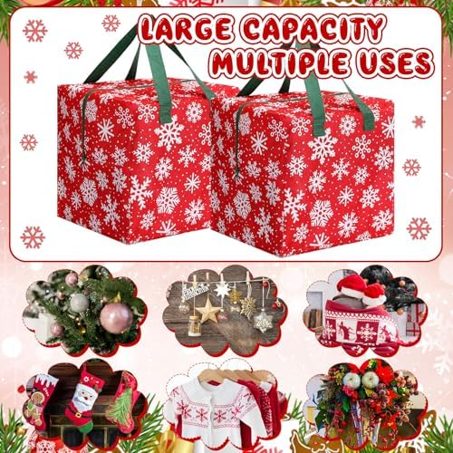 Kajaia 2 Pcs Christmas Ornament Storage 12 x 12 x 12 Inch Snowflake Holiday Accessories Bag Christmas Storage Containers Tear Proof Xmas Ornament Organizer with Handles Full Length Zipper (Red)