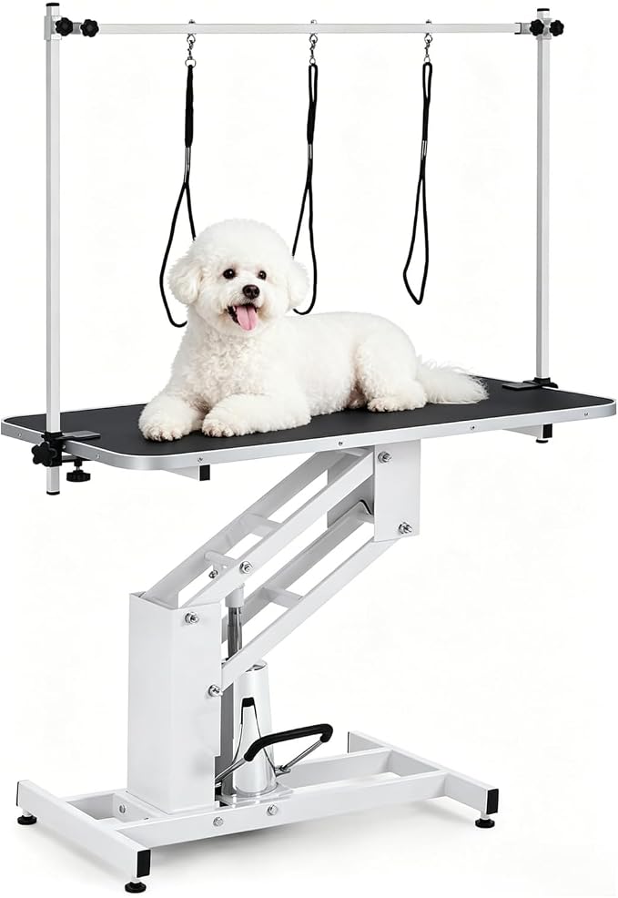 43.3" Hydraulic Pet Grooming Table, Heavy Duty Hydraulic Grooming Table Max Load 350Lbs, Professional Hydraulic Dog Grooming Table with 3 Adjsutable Nooses &, Overhead, Adjustable Height Range 22 in -